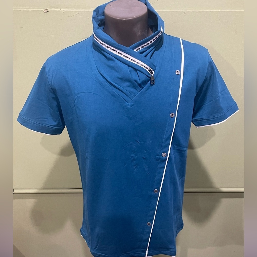 Vassari Men's Blue Short Sleeve Shirt slant button Shawneck modern fit